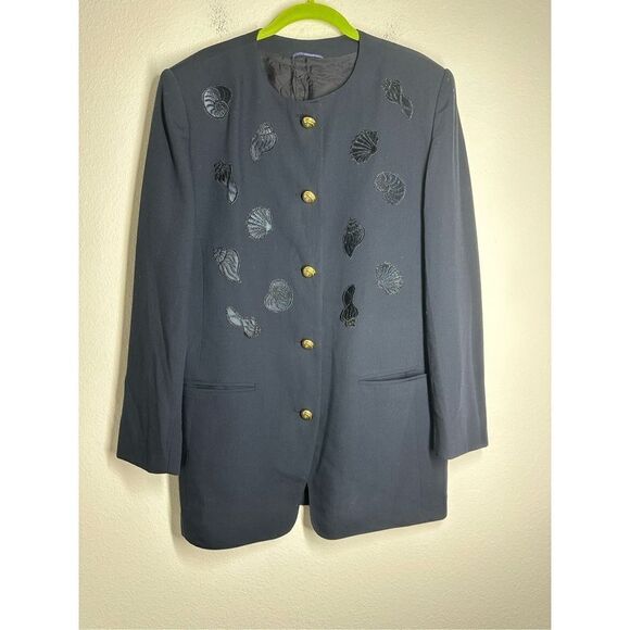 Vintage New Wool Women’s Blazer Navy Blue Embroidered Application Shells Sz M - Picture 1 of 13